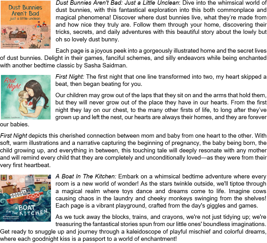 Author Sasha Saidman Continues Her Epic Ascent To The Top of the Children’s Picture Book Sector 9 20241204 114841410