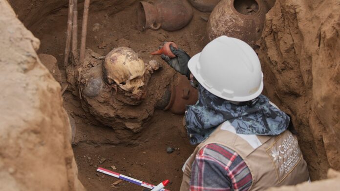 Pre-Incan skeleton found during routine utility work underground in Lima, Peru
