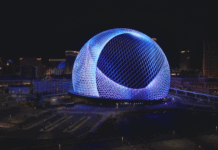 Sphere Las Vegas is expanding to National Harbor Maryland with groundbreaking venue Las Vegas, Nevada - August 2024: Aerial view of designs on the Sphere in Las Vegas. This 17,600 seat music and entertainment venue is the largest spherical structure on Earth. Special FAA authorization was obtained for this drone flight in restricted airspace.