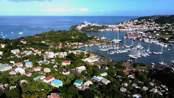 Establishing aerial shot of sunny St George houses, boats and cruise ship port