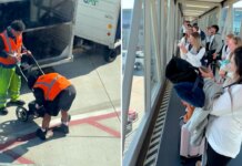 Crowd cheers as airport workers finally collapse stubborn baby stroller Crowd cheers as airport workers finally collapse stubborn baby stroller